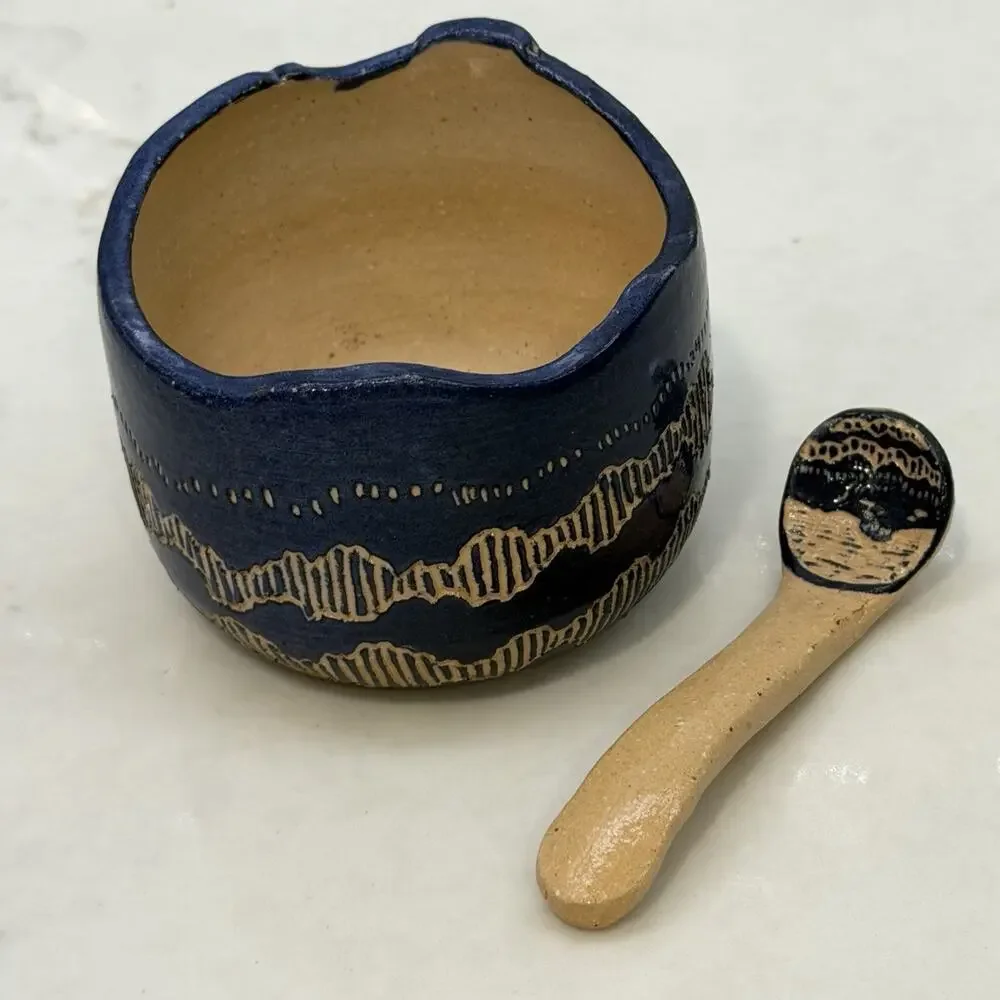 Sylvia Lawson NC Pottery Blue Sgrafitto Salt Cellar w Spoon Jar Pilot Mountain